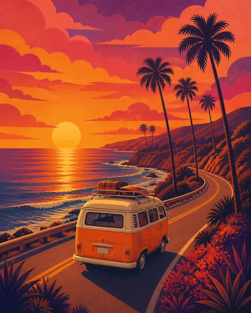Illustrated retro camper van driving a coastal road at sunset